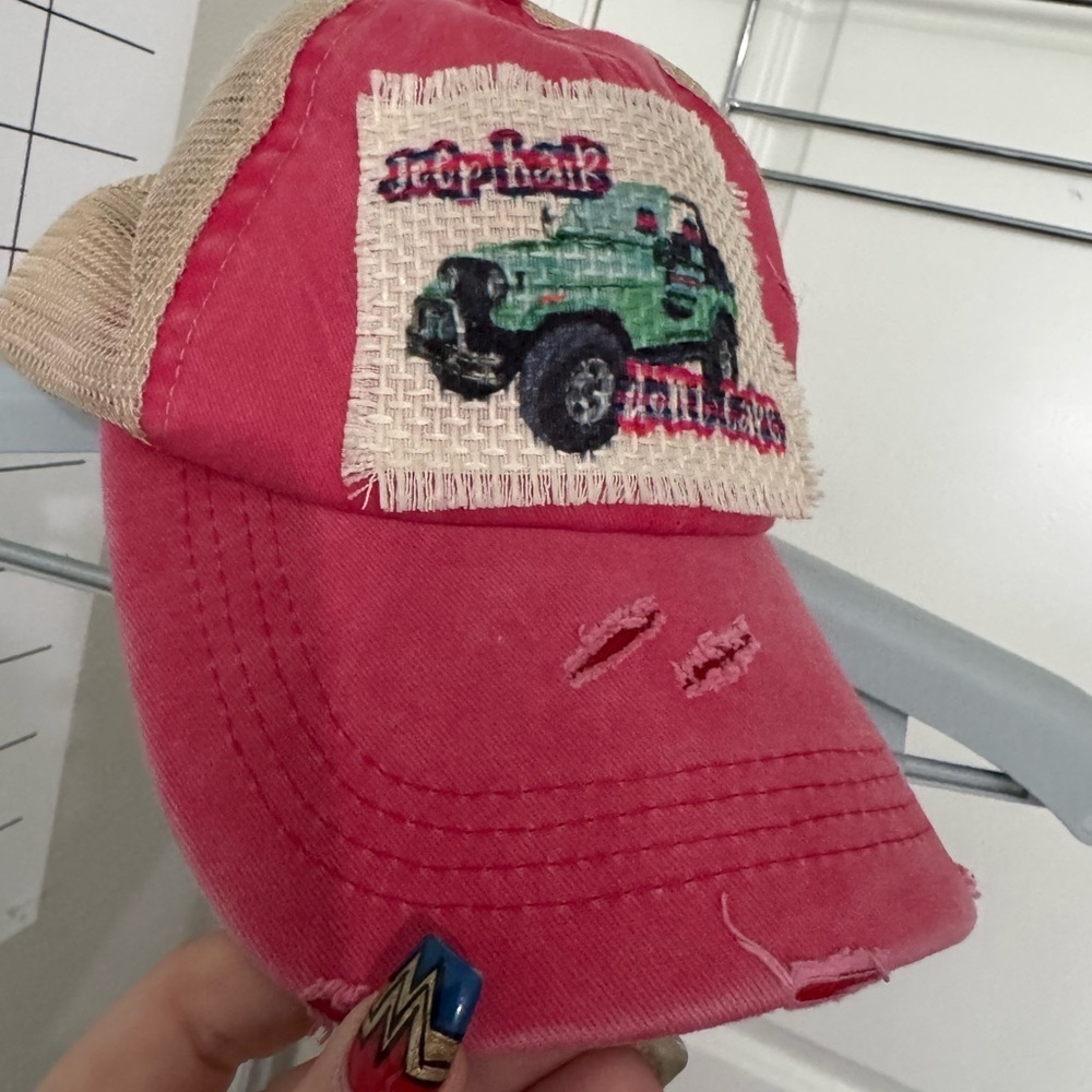 Trucker Hat, Jeep Hair Don’t Care- Red and Tan Distressed Tractor Patch